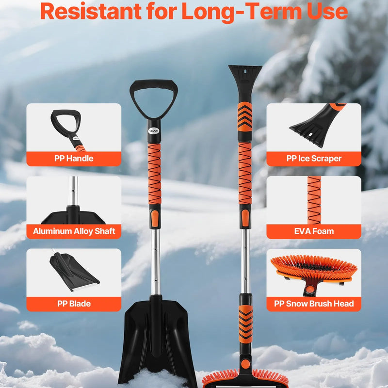 VEVOR pagarināms 107 cm sniega tīrīšanas rīks ar 180° grozāmu birstes galvu, neslīdošu rokturi un ledus skrāpi, piemērots automašīnām, kravas auto un apvidus transportlīdzekļiem
