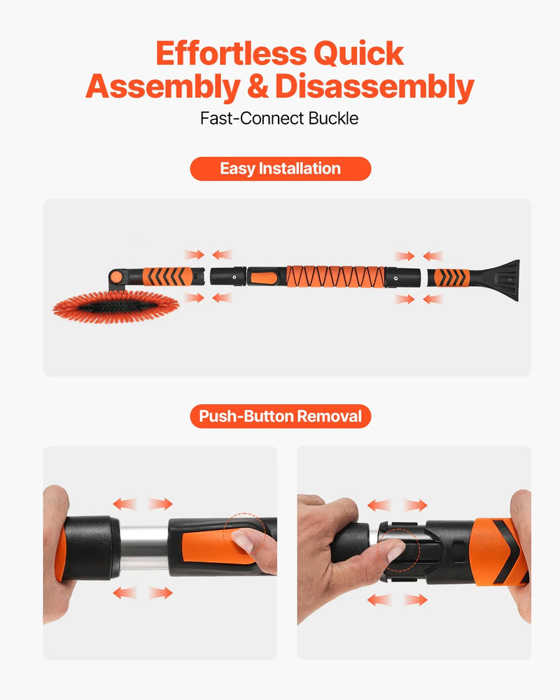 VEVOR pagarināms 107 cm sniega tīrīšanas rīks ar 180° grozāmu birstes galvu, neslīdošu rokturi un ledus skrāpi, piemērots automašīnām, kravas auto un apvidus transportlīdzekļiem