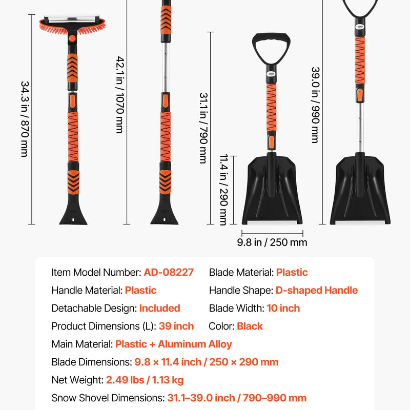 VEVOR pagarināms 107 cm sniega tīrīšanas rīks ar 180° grozāmu birstes galvu, neslīdošu rokturi un ledus skrāpi, piemērots automašīnām, kravas auto un apvidus transportlīdzekļiem