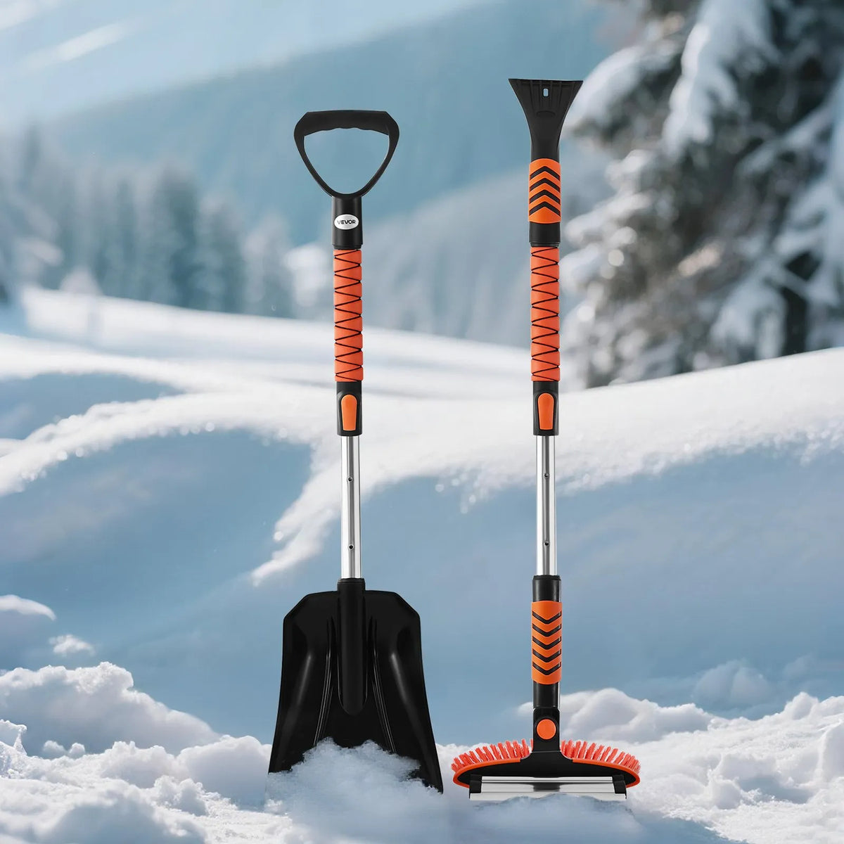 VEVOR pagarināms 107 cm sniega tīrīšanas rīks ar 180° grozāmu birstes galvu, neslīdošu rokturi un ledus skrāpi, piemērots automašīnām, kravas auto un apvidus transportlīdzekļiem