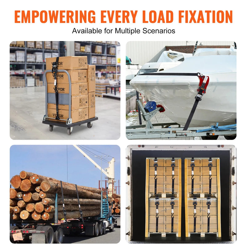 Sprūdrata stiprināšanas siksnas, 4 gab., 2362 kg maksimālā pārraušanas slodze, 40 mm × 2,44 m, ar polsterētiem rokturiem, paredzētas kravas, sadzīves tehnikas, dārza tehnikas un motociklu nostiprināšanai