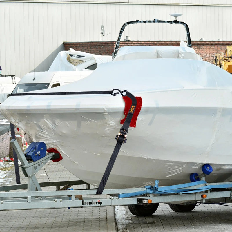 Kravas stiprināšanas siksnas ar sprūdrata mehānismu, 4 gab., 1000 kg maksimālā pārraušanas slodze, 25 mm × 4,57 m, ar polsterētiem rokturiem, paredzētas kravas, sadzīves tehnikas, dārza tehnikas un motociklu nostiprināšanai