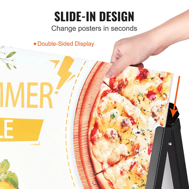 VEVOR A-tipa ietves reklāmas statīvs 61 × 91 cm, izturīgs divpusējs salokāms “sandwich” tipa plakātu turētājs ar iestumjamu rāmi, tērauda āra reklāmas statīvs uzņēmumu ielu reklāmai (tikai rāmis)