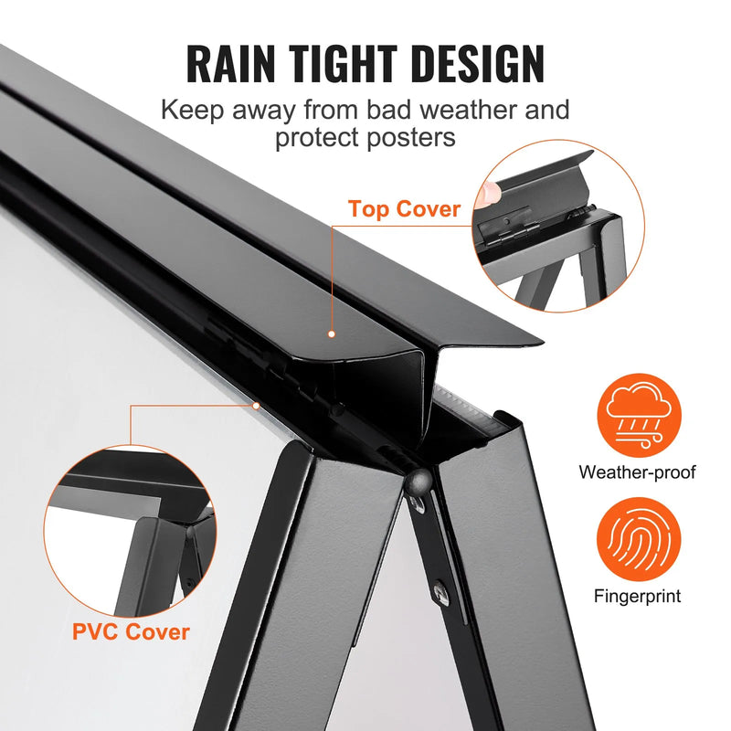 VEVOR A-tipa ietves reklāmas statīvs 61 × 91 cm, izturīgs divpusējs salokāms “sandwich” tipa plakātu turētājs ar iestumjamu rāmi, tērauda āra reklāmas statīvs uzņēmumu ielu reklāmai (tikai rāmis)