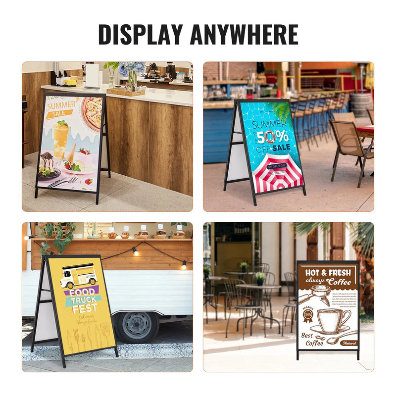 VEVOR A-tipa ietves reklāmas statīvs 61 × 91 cm, izturīgs divpusējs salokāms “sandwich” tipa plakātu turētājs ar iestumjamu rāmi, tērauda āra reklāmas statīvs uzņēmumu ielu reklāmai (tikai rāmis)