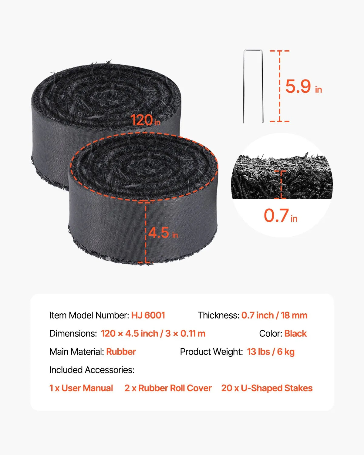 VEVOR gumijas mulča ainavu labiekārtošanai, 2 ruļļi pārstrādātas gumijas mulčas paklāja 3048 x 114 mm, pastāvīgs gumijas celiņš, dabīga izskata melna mulčas dārza apmale augiem, dārzeņiem un ziedu dārza barjerai