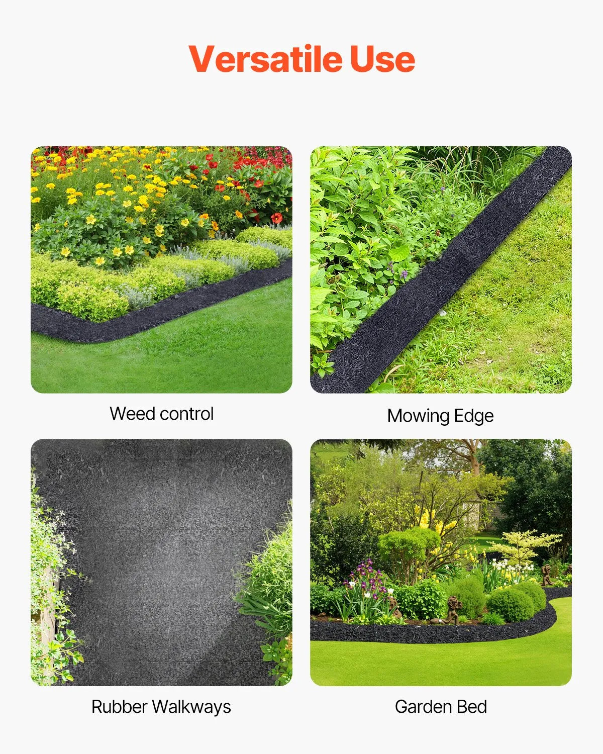VEVOR gumijas mulča ainavu labiekārtošanai, 4 ruļļi pārstrādātas gumijas mulčas paklāja 3048 x 114 mm, pastāvīgs gumijas celiņš, dabīga izskata melna mulčas dārza apmale augiem, dārzeņiem un ziedu dārza barjerai