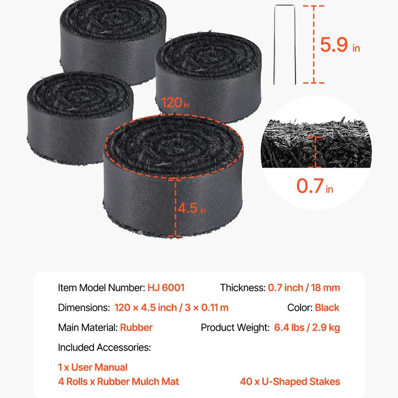 VEVOR gumijas mulča ainavu labiekārtošanai, 4 ruļļi pārstrādātas gumijas mulčas paklāja 3048 x 114 mm, pastāvīgs gumijas celiņš, dabīga izskata melna mulčas dārza apmale augiem, dārzeņiem un ziedu dārza barjerai