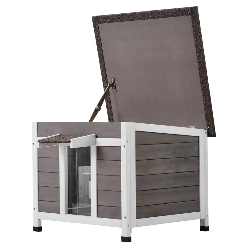 VEVOR laikizturīga āra kaķu māja, koka savvaļas kaķu un trušu māja ar logu, atveramu jumtu un PVC durvju aizkariem, 61 × 53 × 46 cm