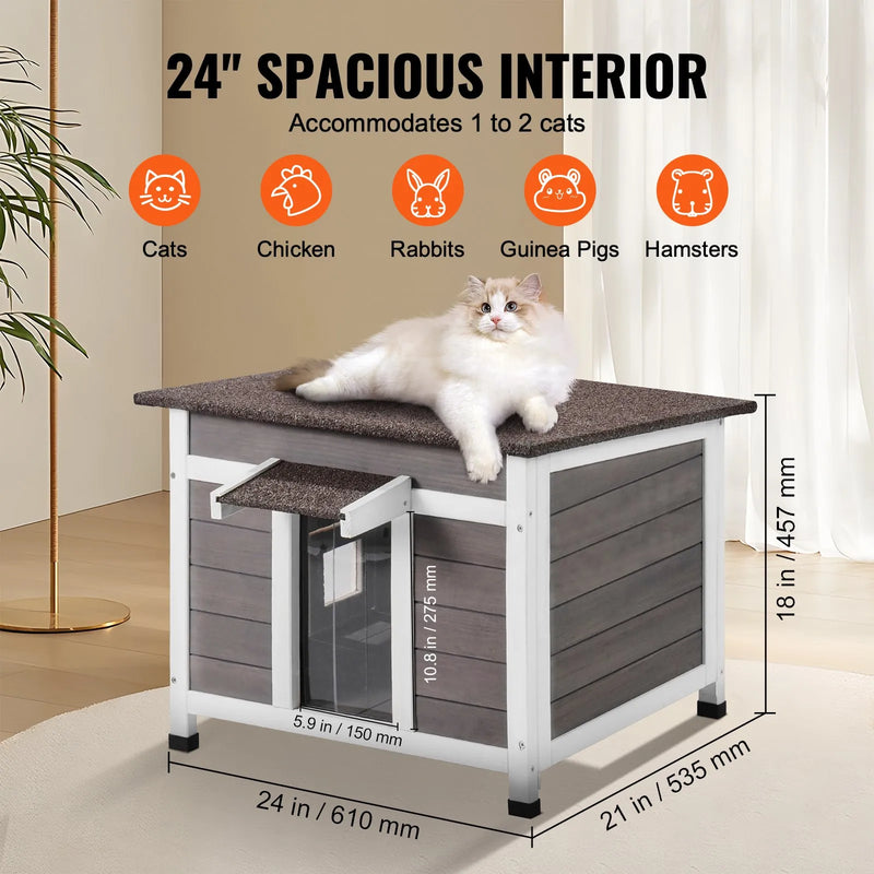 VEVOR laikizturīga āra kaķu māja, koka savvaļas kaķu un trušu māja ar logu, atveramu jumtu un PVC durvju aizkariem, 61 × 53 × 46 cm
