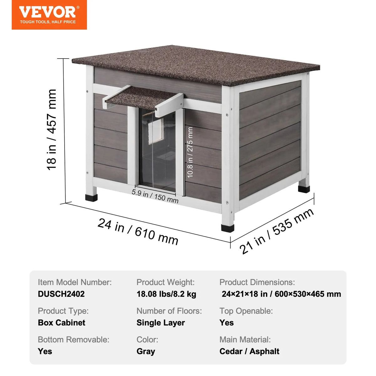 VEVOR laikizturīga āra kaķu māja, koka savvaļas kaķu un trušu māja ar logu, atveramu jumtu un PVC durvju aizkariem, 61 × 53 × 46 cm