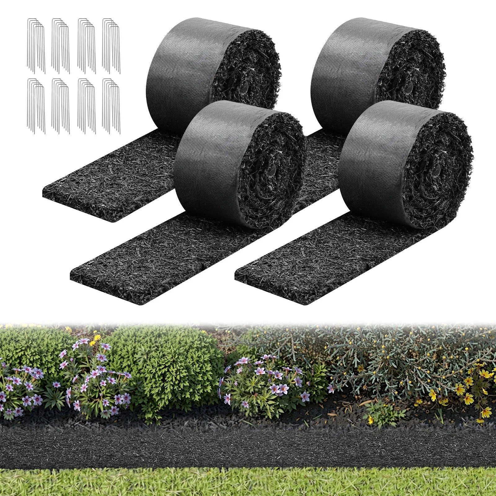 VEVOR gumijas mulčas paklāja rullis, 4 ruļļi 305 x 11,5 cm, pārstrādātas gumijas pastāvīga mulčas apmale ar mietiņiem, dabīga izskata puķu dobes barjera, 12,7 mm bieza, griežama dārza apmale ainavu veidošanai