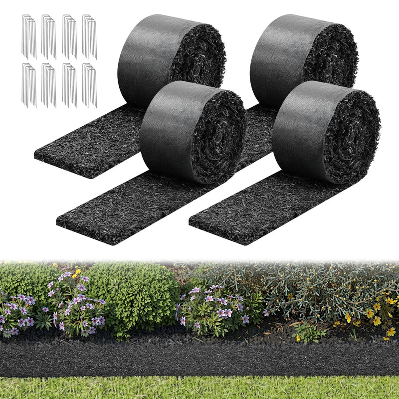 VEVOR gumijas mulčas paklāja rullis, 4 ruļļi 305 x 11,5 cm, pārstrādātas gumijas pastāvīga mulčas apmale ar mietiņiem, dabīga izskata puķu dobes barjera, 12,7 mm bieza, griežama dārza apmale ainavu veidošanai