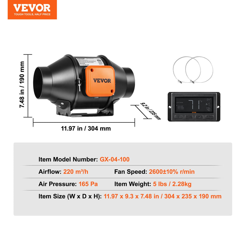 VEVOR 102 mm kanaliga ventilaator HVAC väljatõmbeventilaatorite komplekt EC-kiiruse reguleerimise abil_täielik kirjeldus allpool