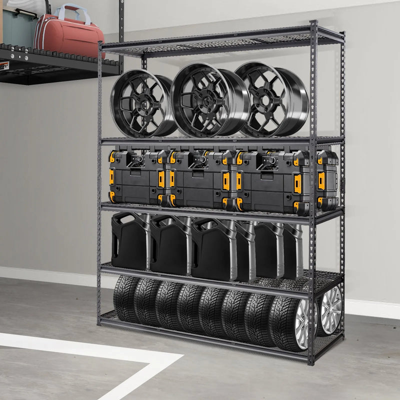 Regulējama 5 līmeņu metāla uzglabāšanas plauktu sistēma, melna, 900 kg, 152 × 61 × 198 cm