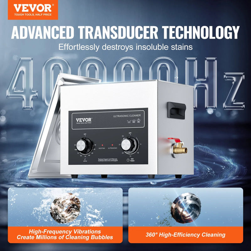 VEVOR 10 l ultraskaņas tīrītājs ar sildītāju, taimeri un grozu, profesionāls digitāls kavitācijas tīrītājs, 240 W, laboratorijas instrumentiem, metāla detaļām, karburatoriem, misiņam, automobiļu un dzinēju detaļām