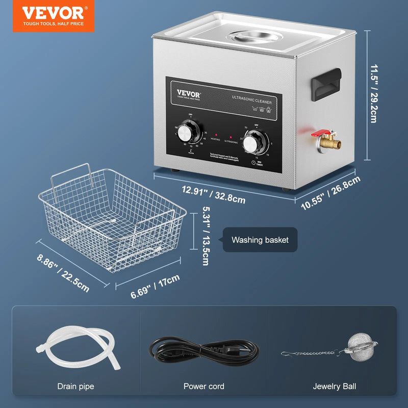 VEVOR 10 l ultraskaņas tīrītājs ar sildītāju, taimeri un grozu, profesionāls digitāls kavitācijas tīrītājs, 240 W, laboratorijas instrumentiem, metāla detaļām, karburatoriem, misiņam, automobiļu un dzinēju detaļām