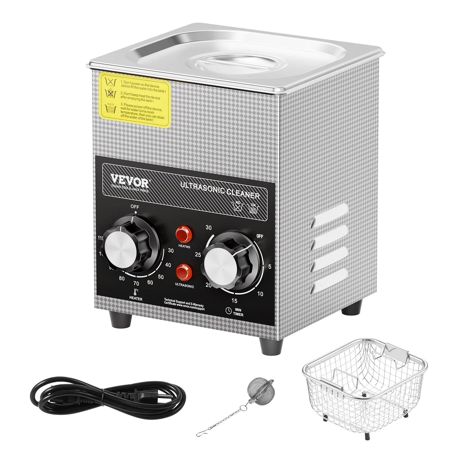 VEVOR ultraskaņas tīrītājs 2 l ar sildītāju, taimeri un grozu, profesionāls digitāls kavitācijas tīrītājs, 60 W, pulksteņu instrumentiem, brillēm, monētām, metāla detaļām un instrumentiem