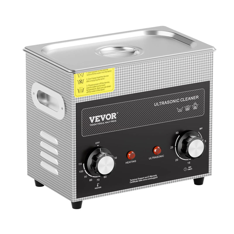 VEVOR 3 l ultraskaņas tīrītājs ar sildītāju, taimeri un grozu, profesionāla digitāla soniskās kavitācijas iekārta ar 120 W tīrīšanas jaudu pulksteņu mehānismiem, brillēm, monētām, metāla detaļām un instrumentiem.
