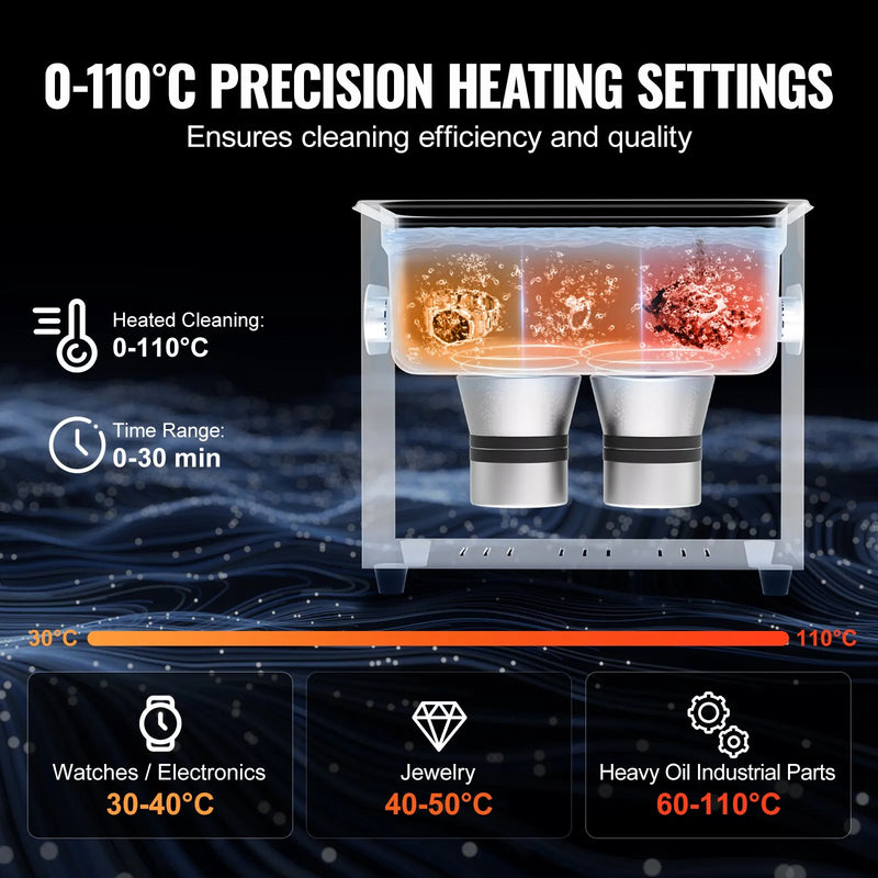 VEVOR 3 l ultraskaņas tīrītājs ar sildītāju, taimeri un grozu, profesionāla digitāla soniskās kavitācijas iekārta ar 120 W tīrīšanas jaudu pulksteņu mehānismiem, brillēm, monētām, metāla detaļām un instrumentiem.