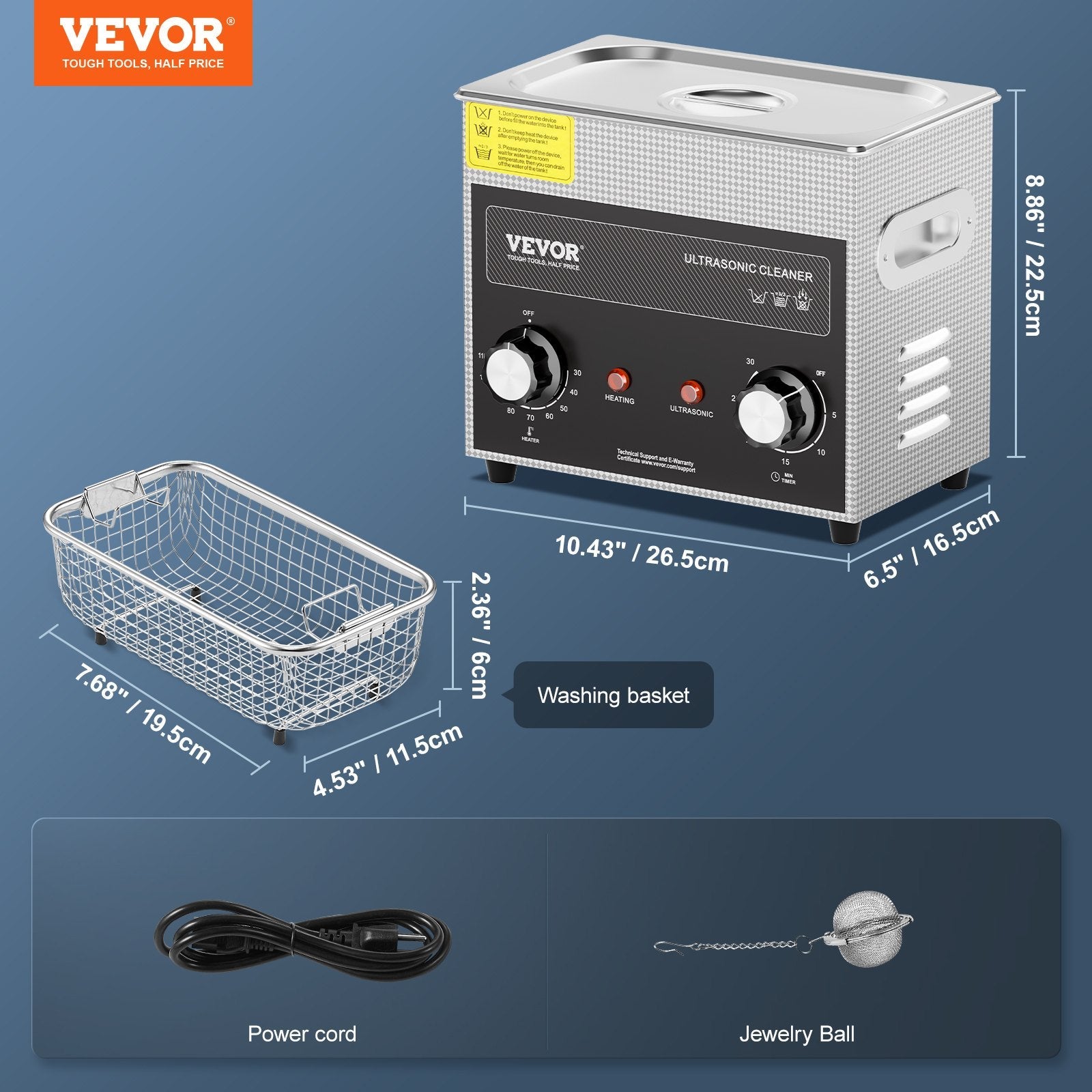 VEVOR 3 l ultraskaņas tīrītājs ar sildītāju, taimeri un grozu, profesionāla digitāla soniskās kavitācijas iekārta ar 120 W tīrīšanas jaudu pulksteņu mehānismiem, brillēm, monētām, metāla detaļām un instrumentiem.