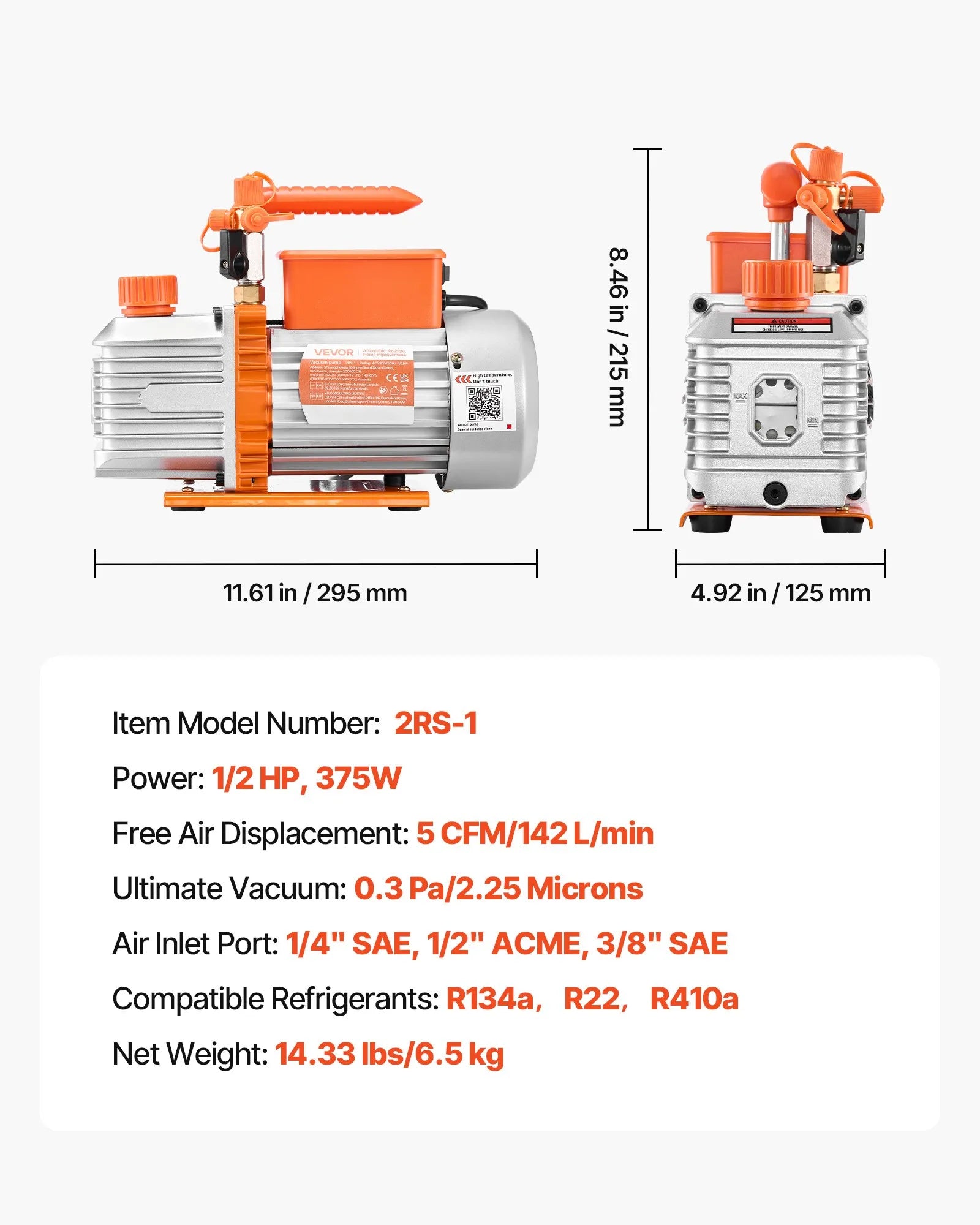 VEVOR vakuumsūknis 142 l/min, divpakāpju rotācijas lāpstiņu HVAC gaisa kondicionēšanas vakuumsūknis R134a, R22 un R410a sistēmām, 4 polu motors, automobiļu kondicionieru apkopei un sveķu degazēšanai, ar eļļu komplektā