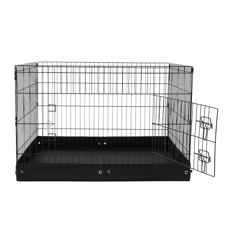 VEVOR salokāms metāla dzīvnieku aploks ar 4 paneļiem (61 × 91 cm) un durvīm, piemērots lietošanai telpās un ārā, ar 600D Oksfordas auduma pamatni, paredzēts suņiem, kaķiem un citiem maziem dzīvniekiem