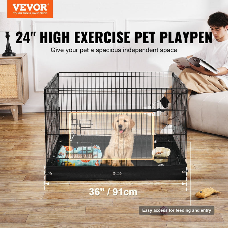 VEVOR salokāms metāla dzīvnieku aploks ar 4 paneļiem (61 × 91 cm) un durvīm, piemērots lietošanai telpās un ārā, ar 600D Oksfordas auduma pamatni, paredzēts suņiem, kaķiem un citiem maziem dzīvniekiem