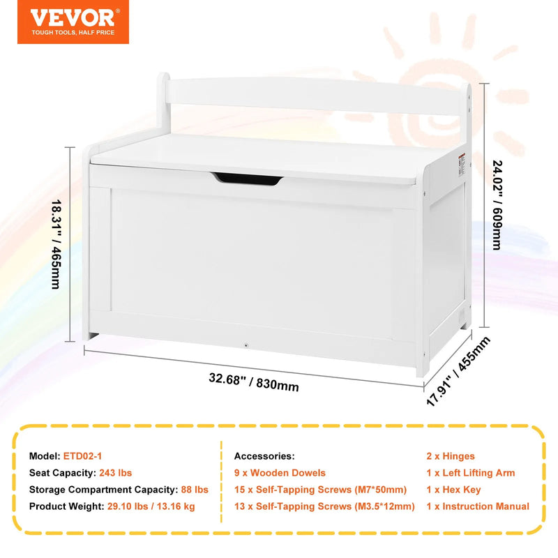 VEVOR koka rotaļlietu kaste bērniem ar atvāžamu vāku un drošības eņģi, liela uzglabāšanas sola tipa kaste (83 × 45 × 61 cm) rotaļu telpai, guļamistabai, viesistabai vai priekšnamiem, balta