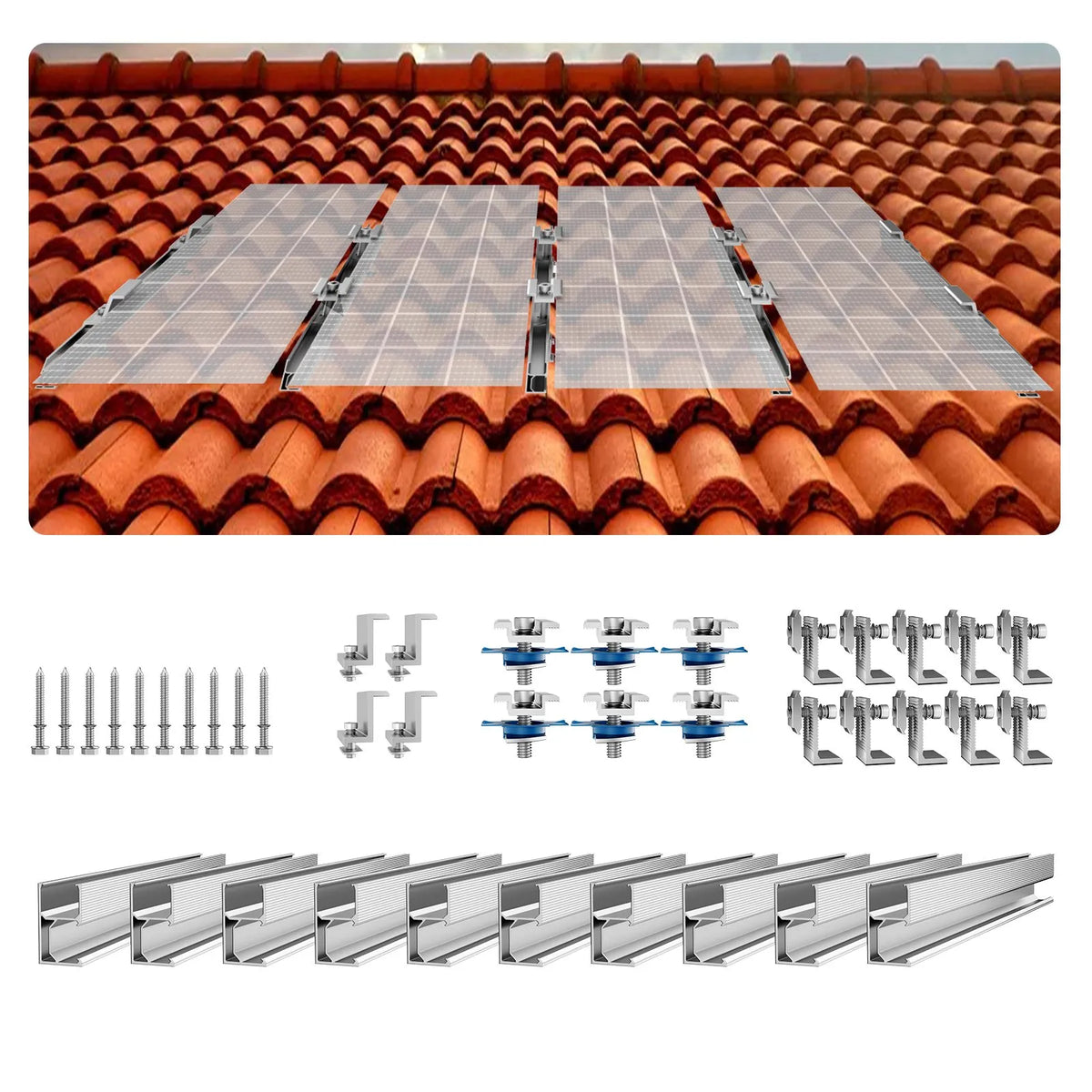 VEVOR saules paneļu montāžas komplekts ar mini sliedēm 10 × 101,6 mm, 4 gala skavām un 6 vidējām skavām, saules paneļu stiprinājumi metāla, betona, koka un dakstiņu jumtiem