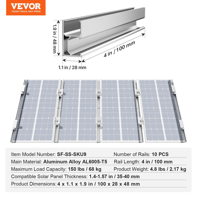 VEVOR saules paneļu montāžas komplekts ar mini sliedēm 10 × 101,6 mm, 4 gala skavām un 6 vidējām skavām, saules paneļu stiprinājumi metāla, betona, koka un dakstiņu jumtiem