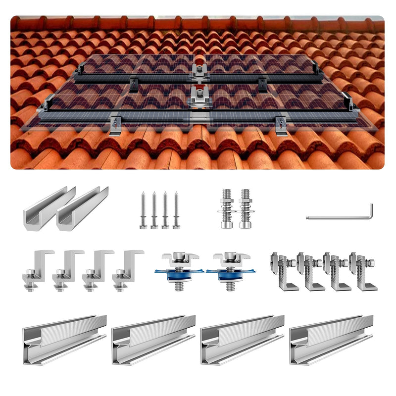 VEVOR saules paneļu montāžas kronšteinu komplekts ar 4 × 762 mm alumīnija sliedēm, 4 gala skavām un 2 vidējām skavām, paredzēts metāla, betona, koka un dakstiņu jumtiem