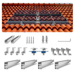 VEVOR saules paneļu montāžas kronšteinu komplekts ar 4 × 762 mm alumīnija sliedēm, 4 gala skavām un 2 vidējām skavām, paredzēts metāla, betona, koka un dakstiņu jumtiem