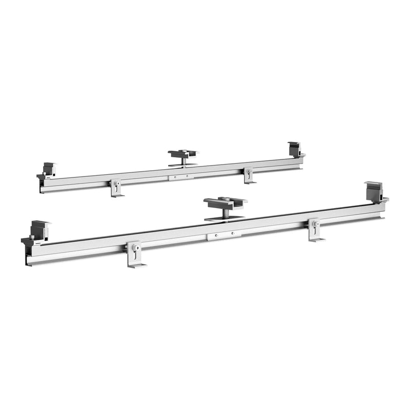 VEVOR saules paneļu montāžas kronšteinu komplekts ar 4 × 762 mm alumīnija sliedēm, 4 gala skavām un 2 vidējām skavām, paredzēts metāla, betona, koka un dakstiņu jumtiem