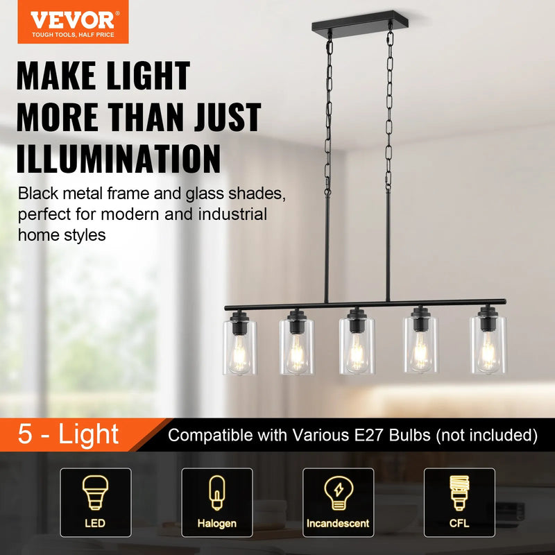 Lineārā lustra, 5 lampas, 60 W, regulējams augstums, stikla plafoni, metāls, E27