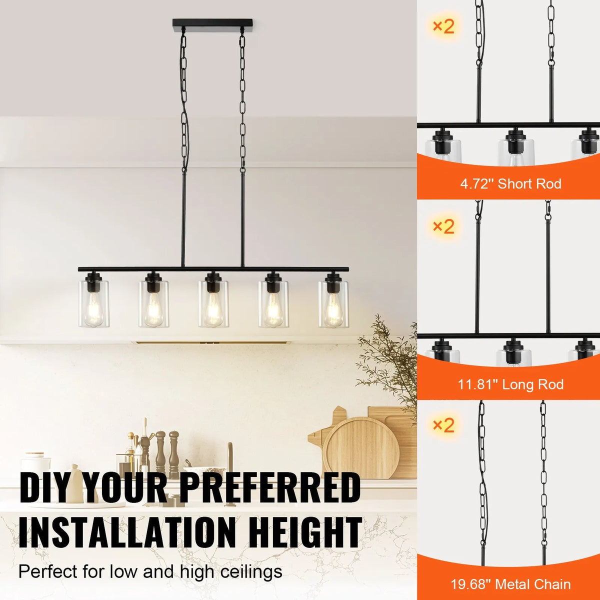 Lineārā lustra, 5 lampas, 60 W, regulējams augstums, stikla plafoni, metāls, E27