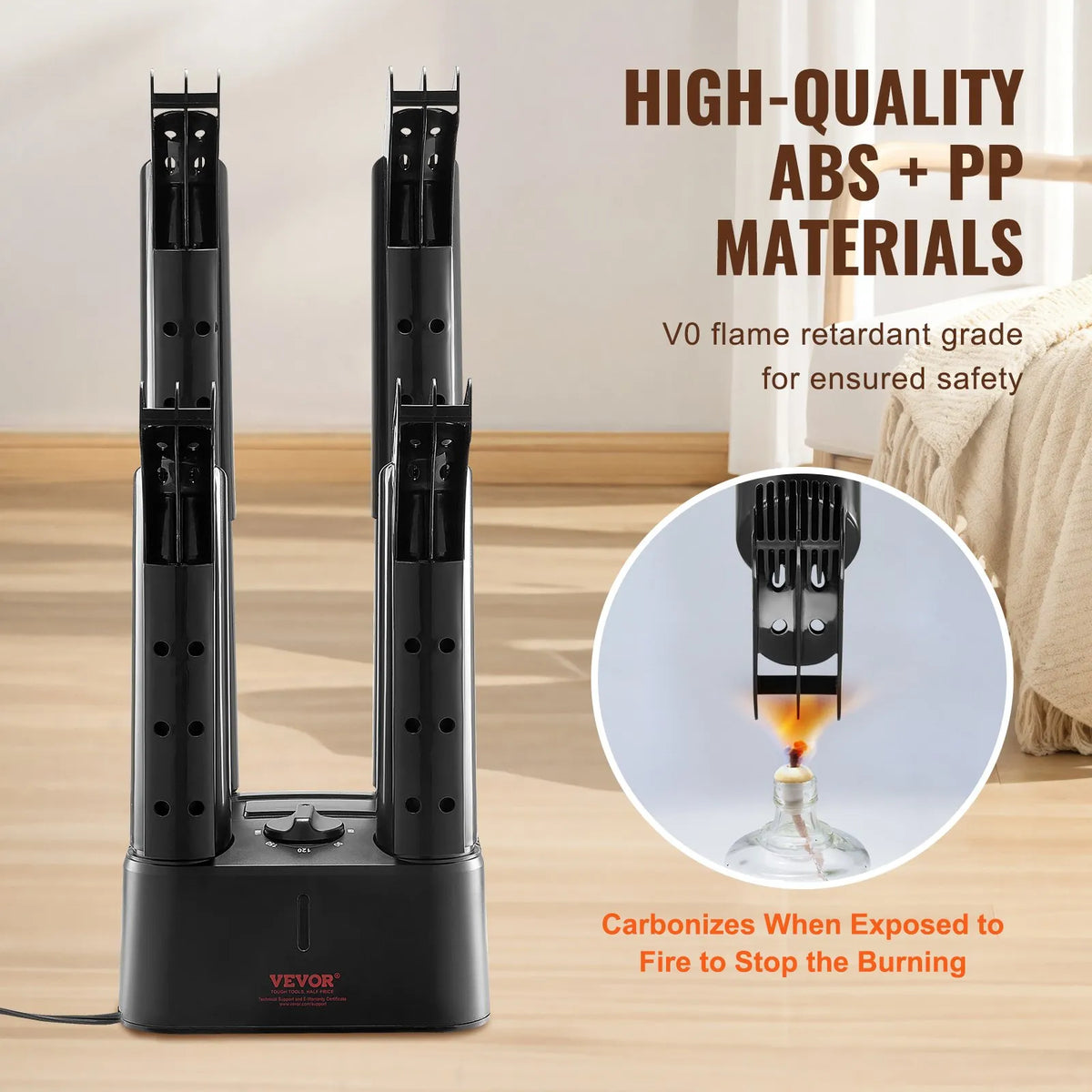 Сушилка для обуви VEVOR с 4 съемными трубками и таймером, портативный обогреватель для обуви и сапог с нагнетателем горячего воздуха, корпус из ABS+PP, подходит для зимних сапог, кожаной и тканевой обуви, носков, черный/оранжевый