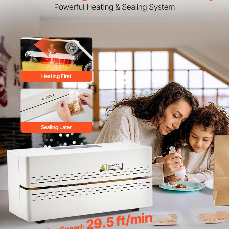 VEVOR nepārtrauktās aizzīmogošanas iekārta, automātiska lentes tipa siltuma blīvēšanas mašīna ar digitālu temperatūras kontroli un automātisku izslēgšanos, 8–12 mm blīvējuma platums, plastmasas maisiņiem 0,06–0,2 mm biezumā