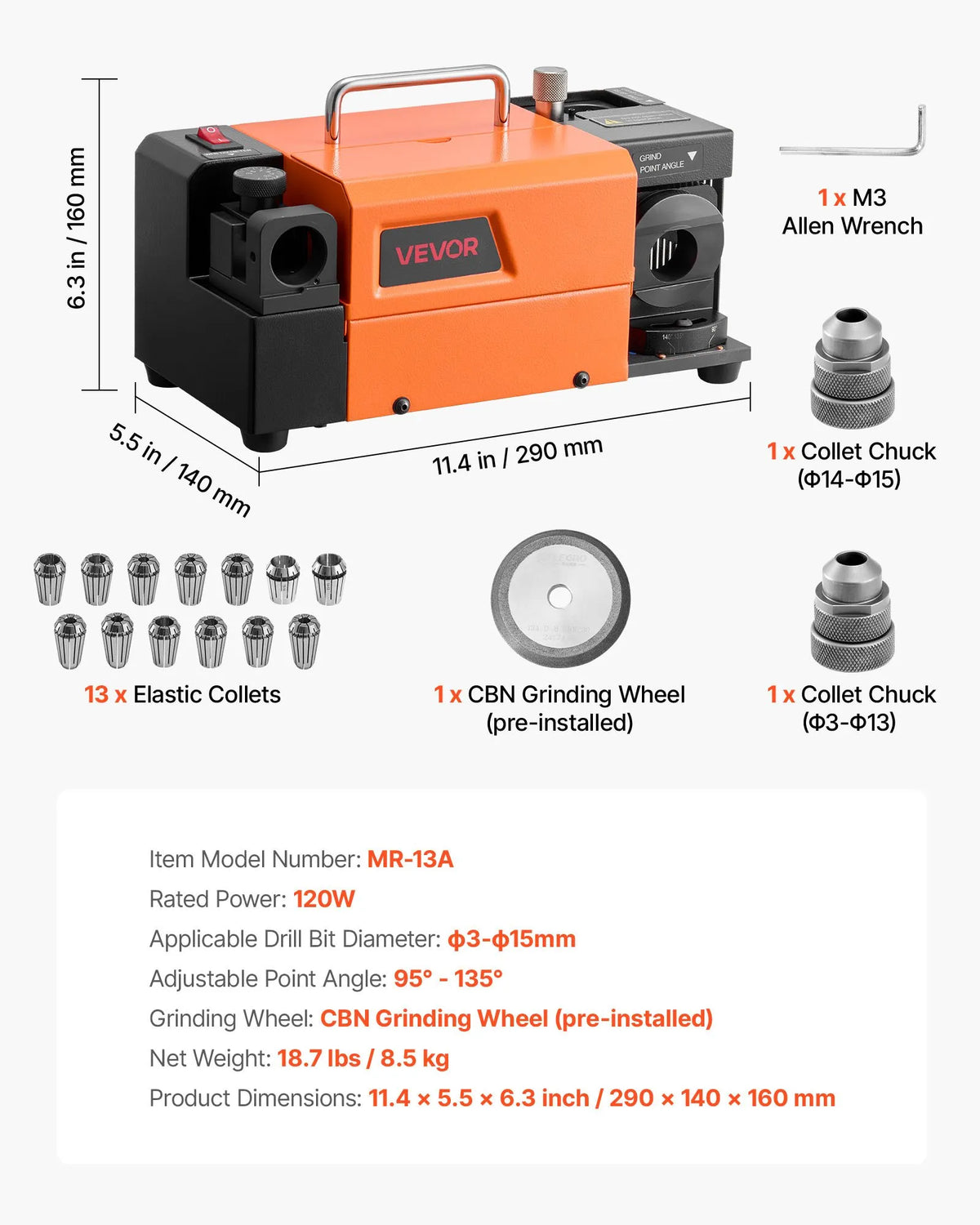VEVOR urbju asināmais MR-13A, 3–15 mm urbju slīpmašīna ar regulējamu 95°–135° smailes leņķi, 4600 apgr./min augstas veiktspējas pārasināšanas iekārta ar 13 patronām un CBN slīpripu darbnīcām un garāžām