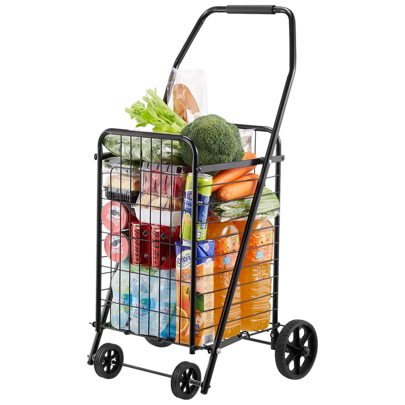 VEVOR iepirkumu ratiņi, salokāmi pārtikas un sadzīves ratiņi ar grozāmiem riteņiem, 40,8 kg liela celtspēja, pastiprinātas konstrukcijas ripojošs veļas grozs ratiņu formā veļai, iepirkumiem, kempingam, pārtikai un bagāžai, melnā krāsā
