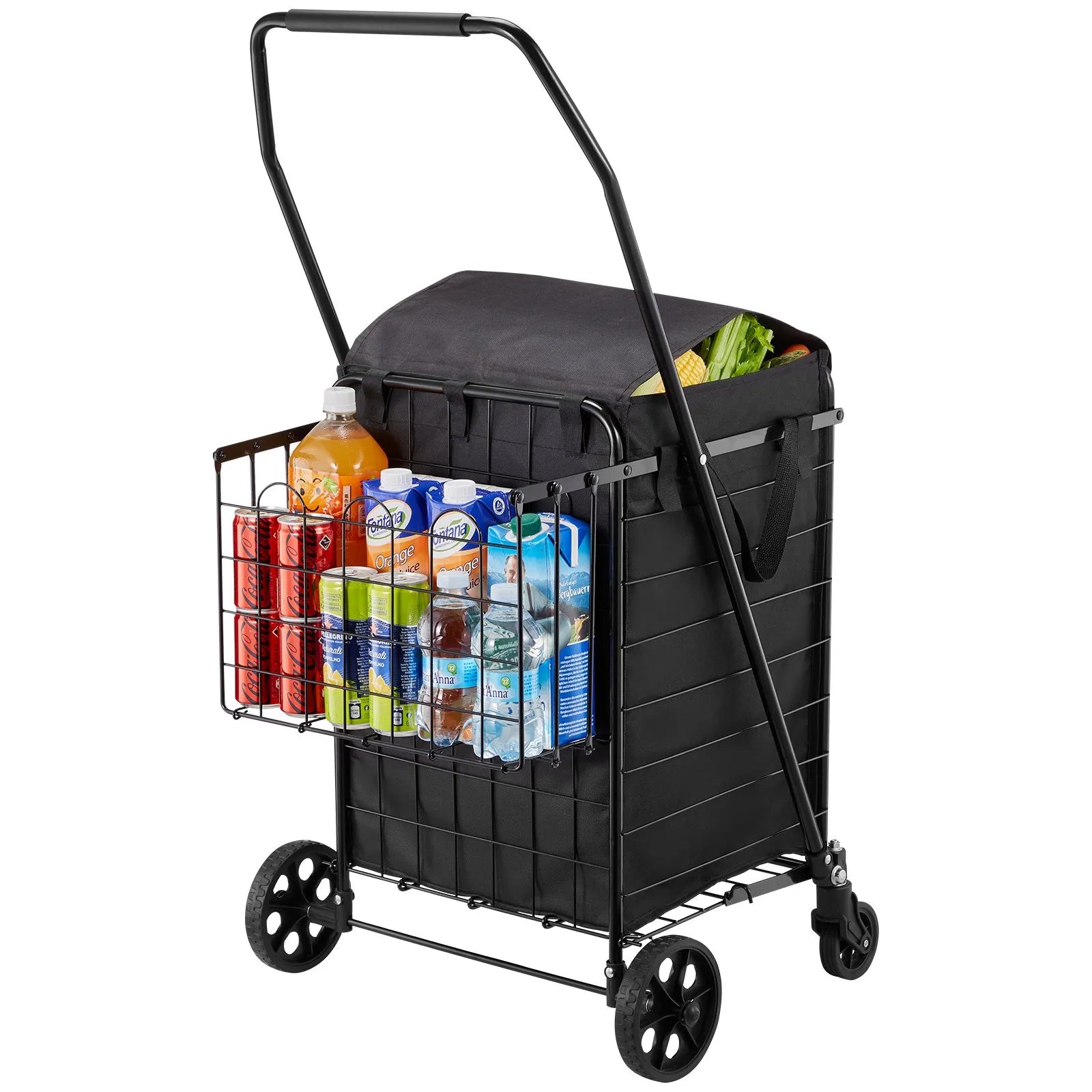 VEVOR iepirkumu ratiņi, salokāmi universālie ratiņi ar diviem groziem, ūdensizturīgu ieliktni un riteņiem, 45 kg liela celtspēja, pastiprinātas konstrukcijas veļas grozs veļai, iepirkumiem, kempingam, pārtikai un bagāžai
