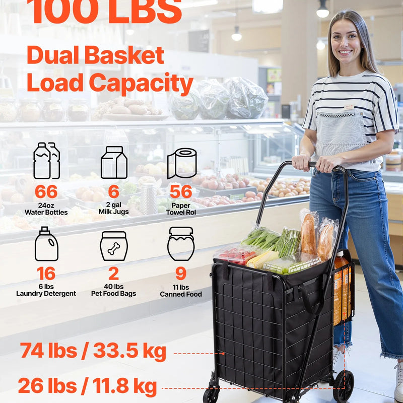 VEVOR iepirkumu ratiņi, salokāmi universālie ratiņi ar diviem groziem, ūdensizturīgu ieliktni un riteņiem, 45 kg liela celtspēja, pastiprinātas konstrukcijas veļas grozs veļai, iepirkumiem, kempingam, pārtikai un bagāžai