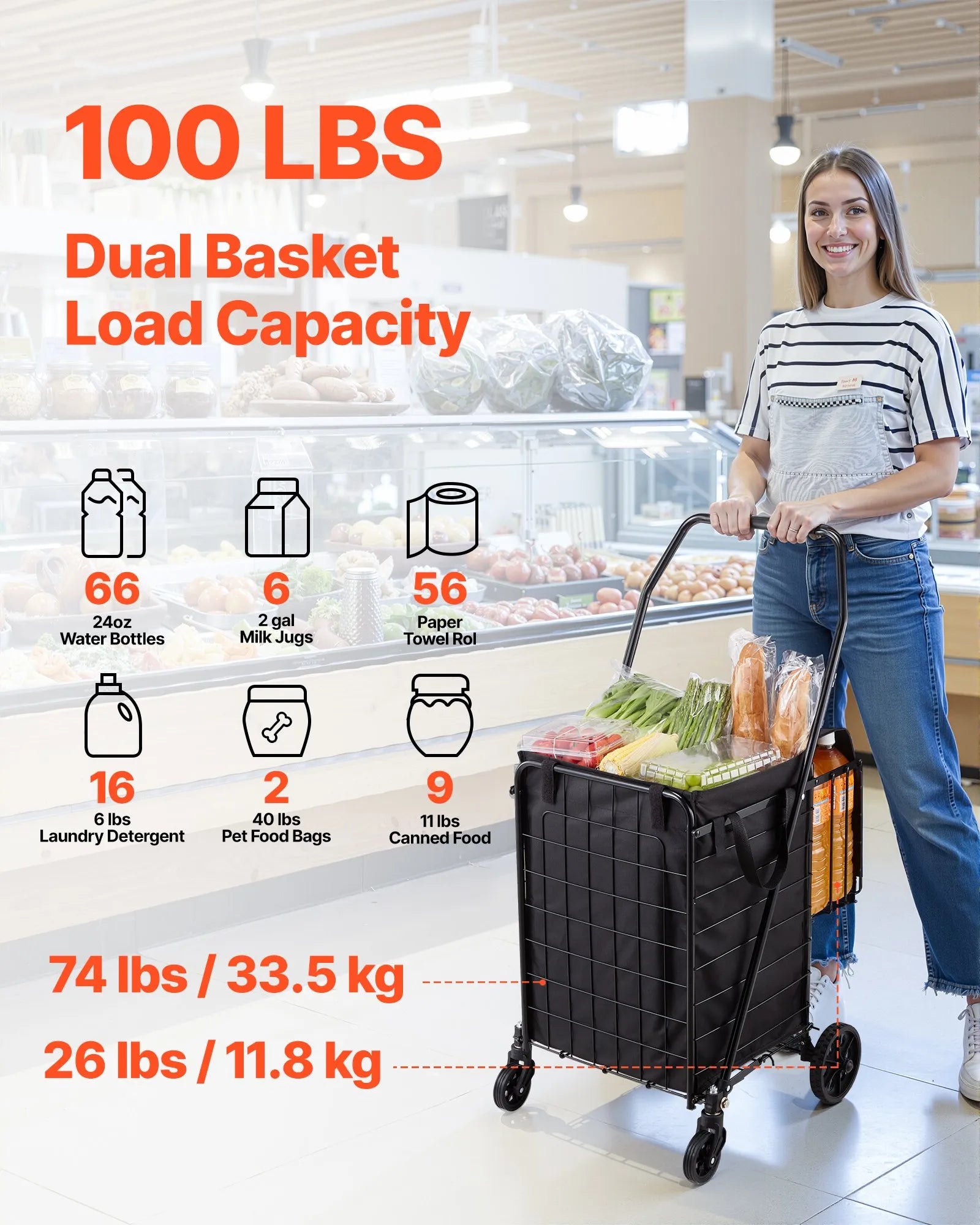 VEVOR iepirkumu ratiņi, salokāmi universālie ratiņi ar diviem groziem, ūdensizturīgu ieliktni un riteņiem, 45 kg liela celtspēja, pastiprinātas konstrukcijas veļas grozs veļai, iepirkumiem, kempingam, pārtikai un bagāžai