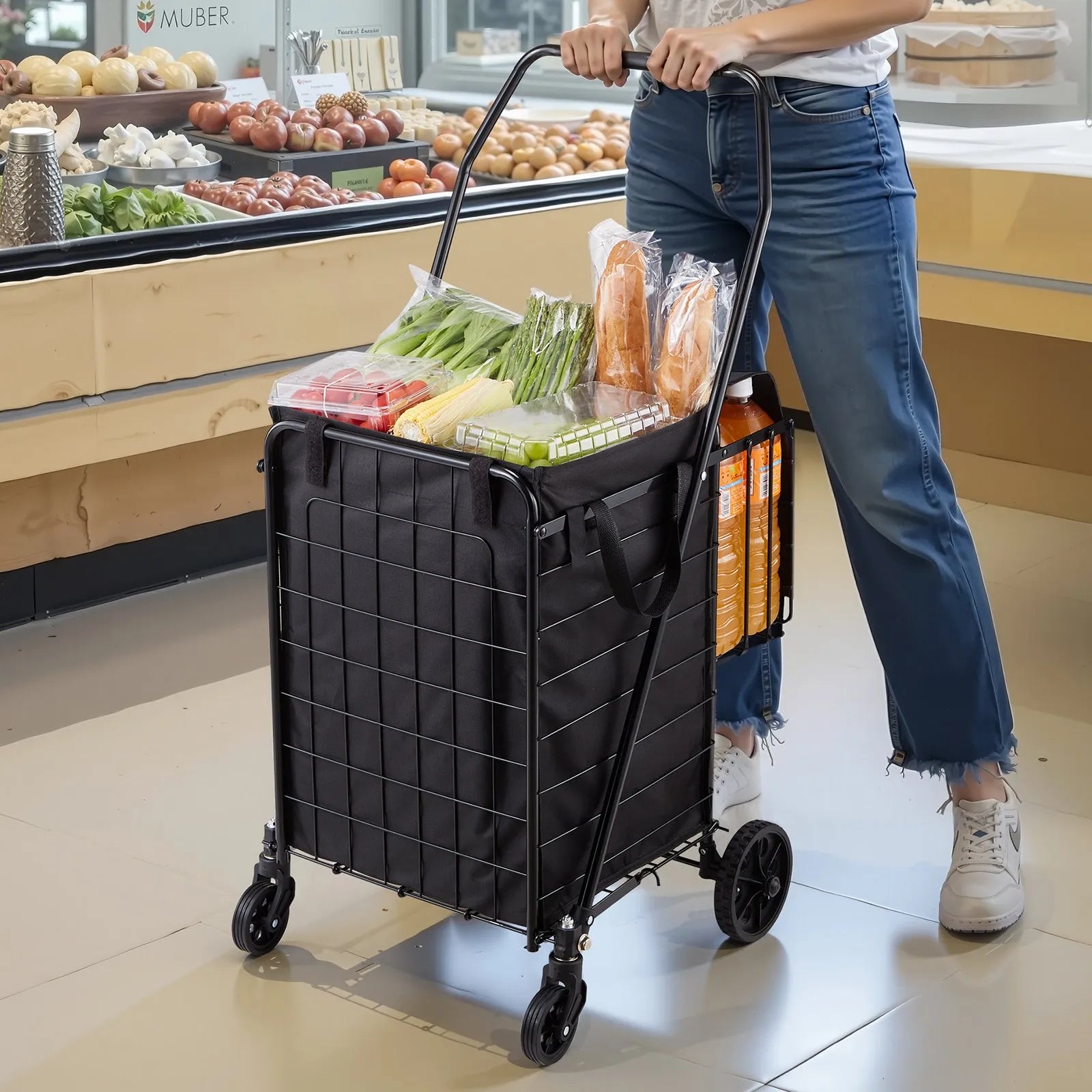 VEVOR iepirkumu ratiņi, salokāmi universālie ratiņi ar diviem groziem, ūdensizturīgu ieliktni un riteņiem, 45 kg liela celtspēja, pastiprinātas konstrukcijas veļas grozs veļai, iepirkumiem, kempingam, pārtikai un bagāžai