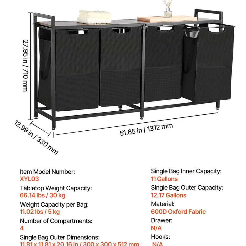 4 nodalījumu veļas šķirotājs, liels veļas grozs ar metāla rāmi un koka virsmu, brīvi stāvošs uzglabāšanas organizators ar izvelkamiem 600D oksforda auduma maisiem netīrajai veļai, piemērots vannasistabai