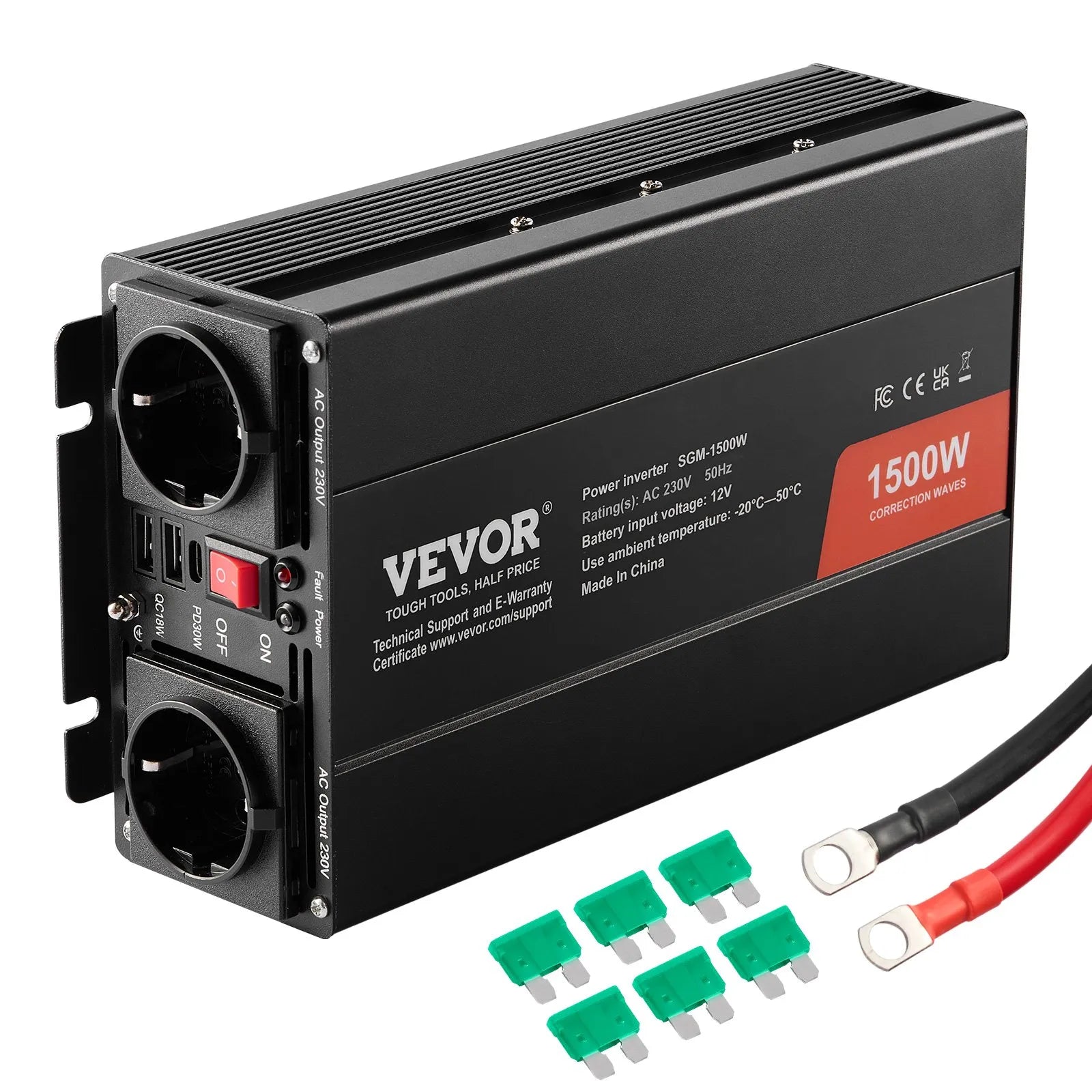 VEVOR 1500 W modificētas sinusoidālās strāvas invertors 12 V DC–230 V AC ar 2 AC kontaktligzdām, 2 USB un 1 Type-C portu, 6 rezerves drošinātāji, piemērots mazām sadzīves ierīcēm, CE un FCC sertificēts