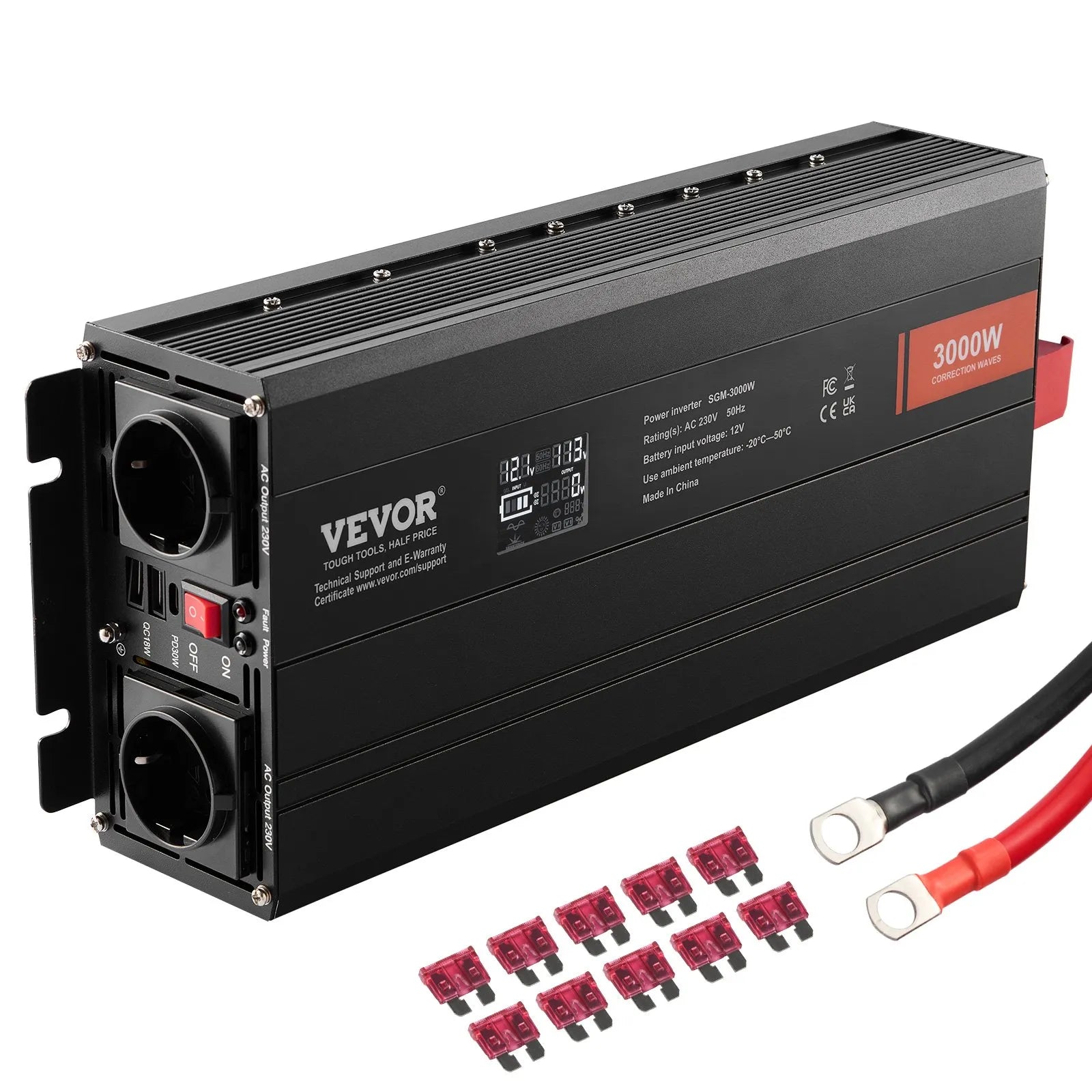 VEVOR 3000 W modificētas sinusoidālās strāvas invertors 12 V DC–230 V AC ar LCD displeju, 3 AC kontaktligzdas, 2 USB un 1 Type-C ports, 10 rezerves drošinātāji, piemērots lielai sadzīves tehnikai, CE un FCC sertificēts