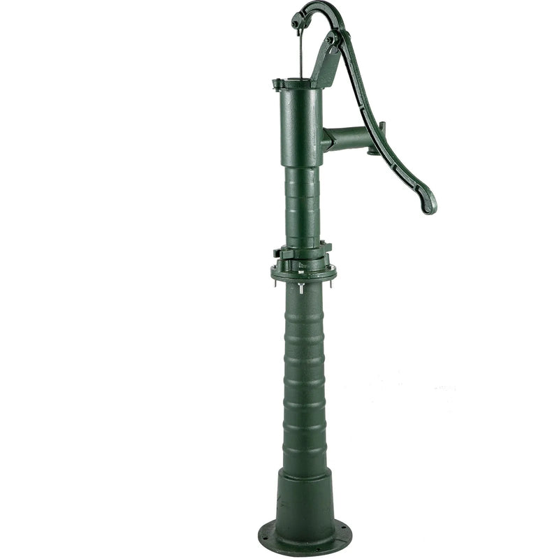 VEVOR rokas akas ūdens sūknis ar statīvu no čuguna, sūkņa izmēri 40 × 23,9 × 131 cm, statīva augstums 66 cm ar iepriekš izurbtiem 12,7 mm montāžas caurumiem, vienkārša uzstādīšana, piemērots pagalmam, dārzam un saimniecības apūdeņošanai, zaļš