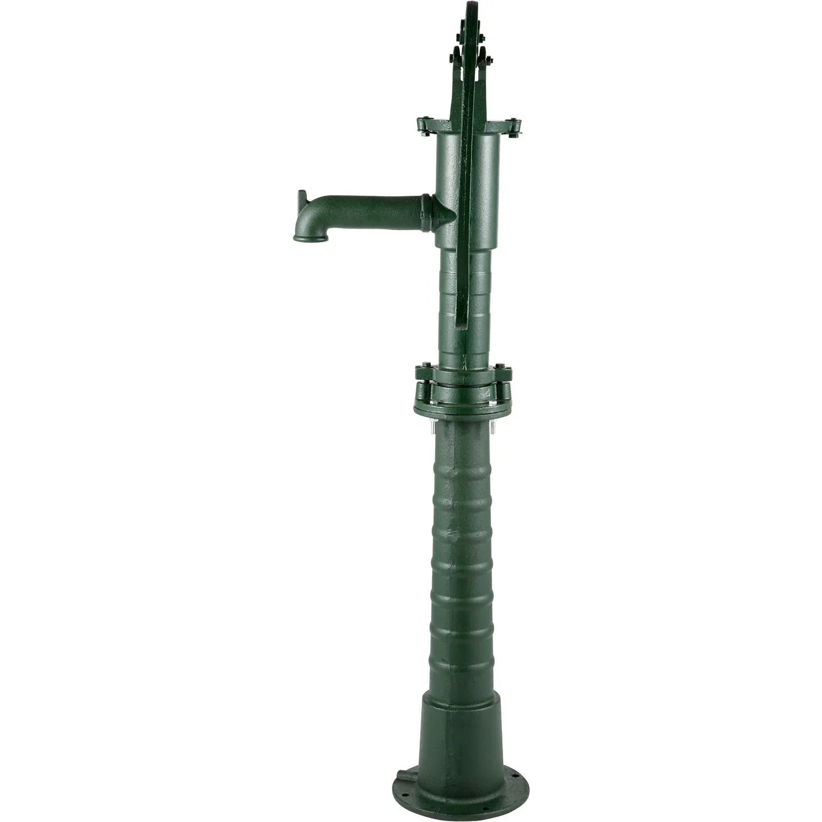 VEVOR rokas akas ūdens sūknis ar statīvu no čuguna, sūkņa izmēri 40 × 23,9 × 131 cm, statīva augstums 66 cm ar iepriekš izurbtiem 12,7 mm montāžas caurumiem, vienkārša uzstādīšana, piemērots pagalmam, dārzam un saimniecības apūdeņošanai, zaļš