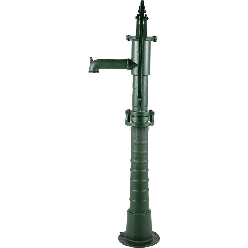 VEVOR rokas akas ūdens sūknis ar statīvu no čuguna, sūkņa izmēri 40 × 23,9 × 131 cm, statīva augstums 66 cm ar iepriekš izurbtiem 12,7 mm montāžas caurumiem, vienkārša uzstādīšana, piemērots pagalmam, dārzam un saimniecības apūdeņošanai, zaļš